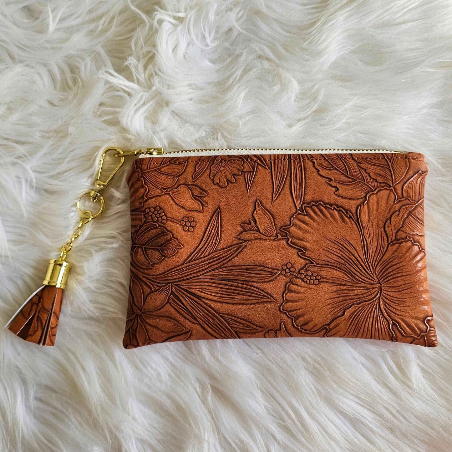 Pecan Faux Leather Handmade Wristlet Clutch with four card slots and matching pouch