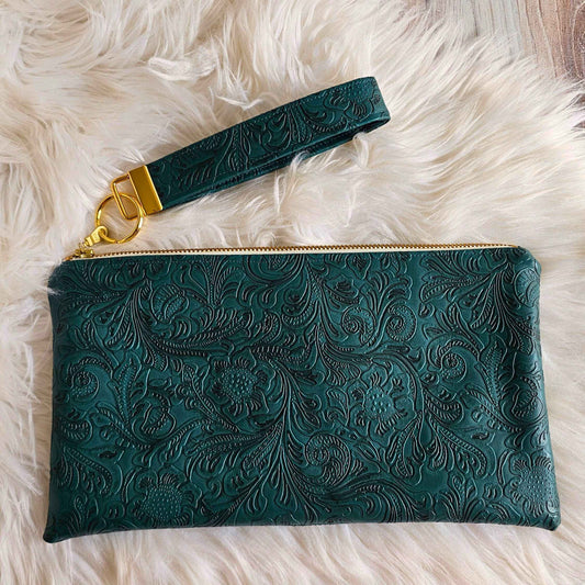 Sea Green Faux Leather Handmade Wristlet Clutch with four card slots and matching pouch
