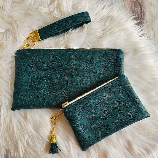 Sea Green Faux Leather Handmade Wristlet Clutch with four card slots and matching pouch