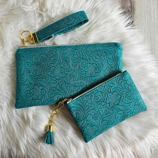 Teal Faux Leather Handmade Wristlet Clutch with four card slots and matching pouch